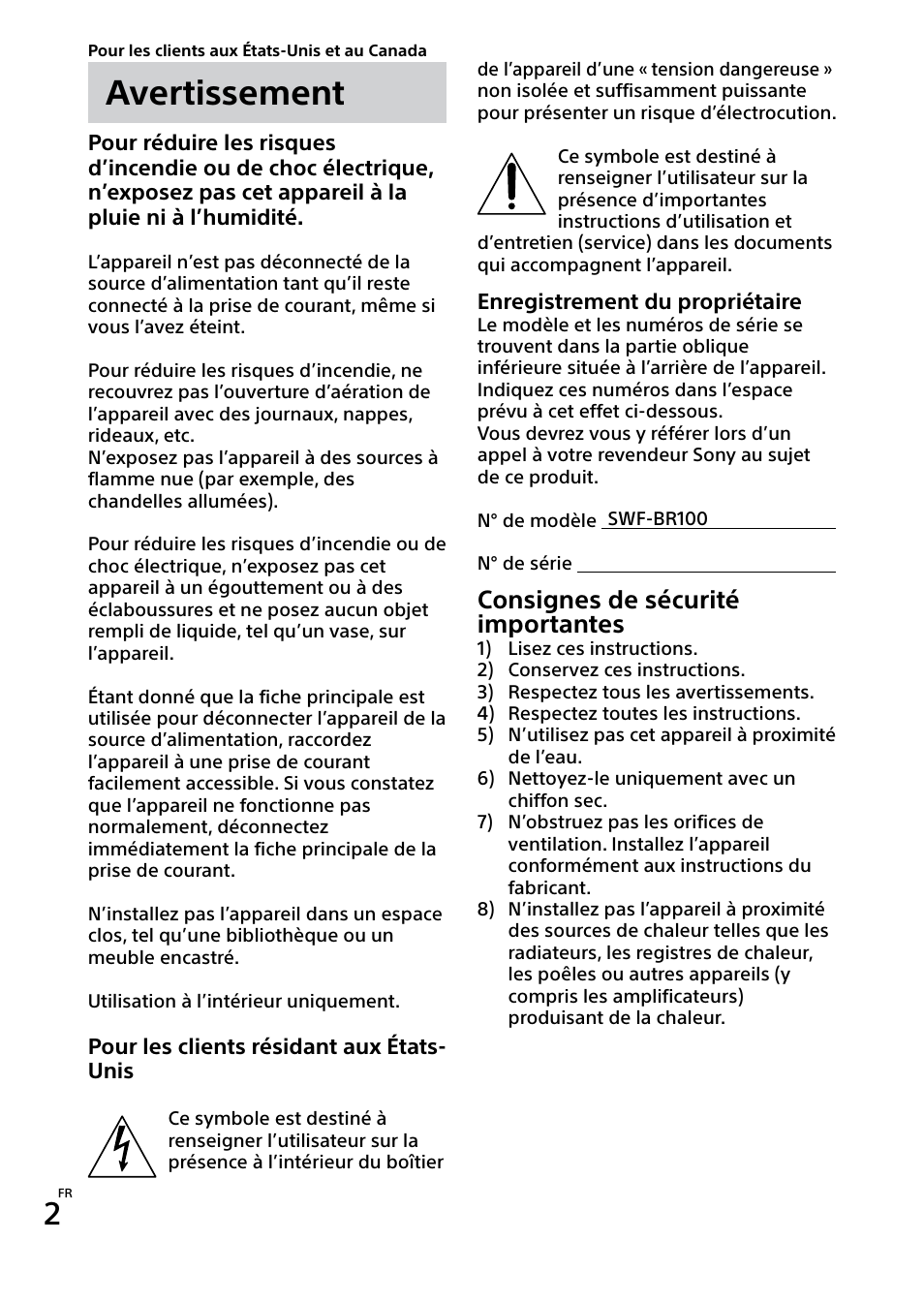 Avertissement, Consignes de sécurité importantes | Sony SWF-BR100 User Manual | Page 20 / 36