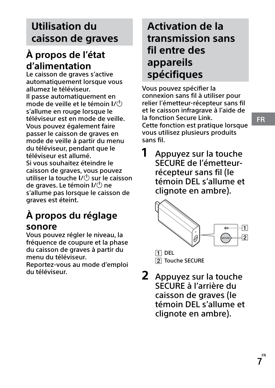 Utilisation du caisson de graves, À propos de l’état d’alimentation, À propos du réglage sonore | Sony SWF-BR100 User Manual | Page 25 / 36