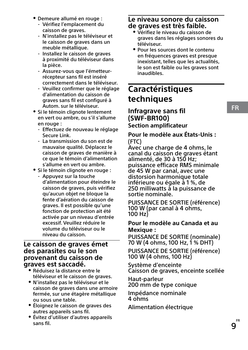 Caractéristiques techniques, Infragrave sans fil (swf-br100) | Sony SWF-BR100 User Manual | Page 27 / 36