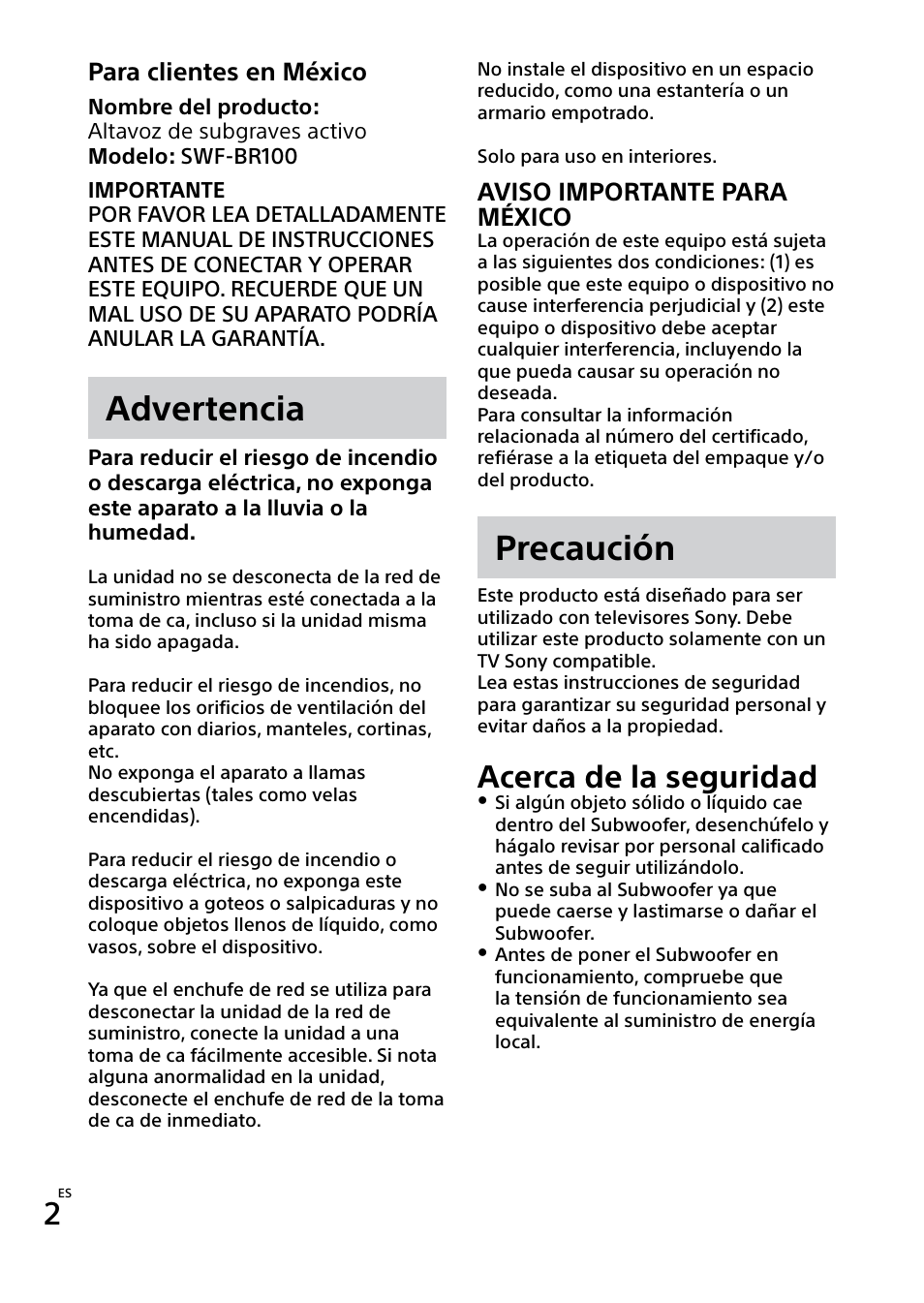 Advertencia, Precaución, Acerca de la seguridad | Sony SWF-BR100 User Manual | Page 30 / 36