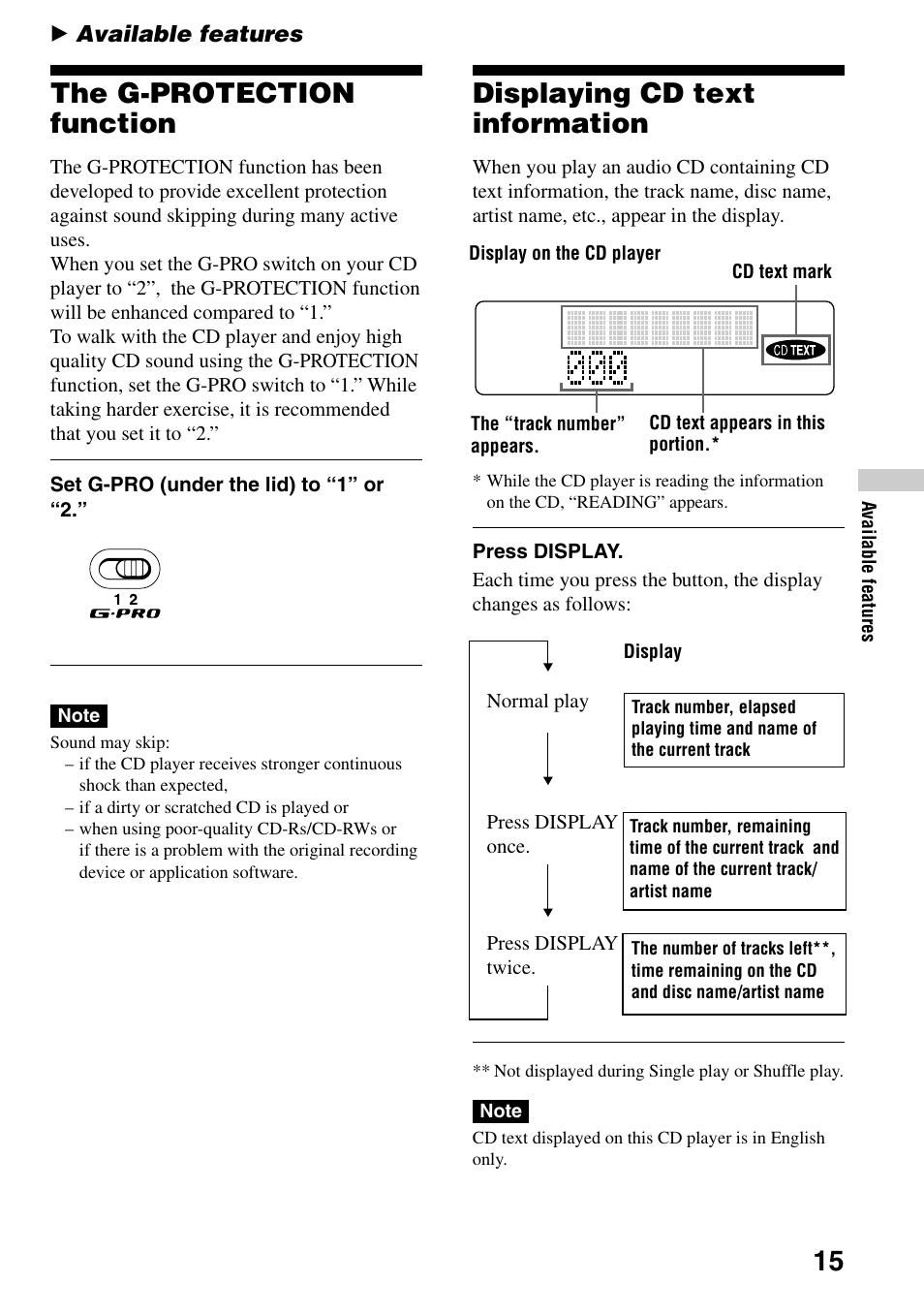 Available features, The g-protection function, Displaying cd text information | Sony D-CJ500 User Manual | Page 15 / 32