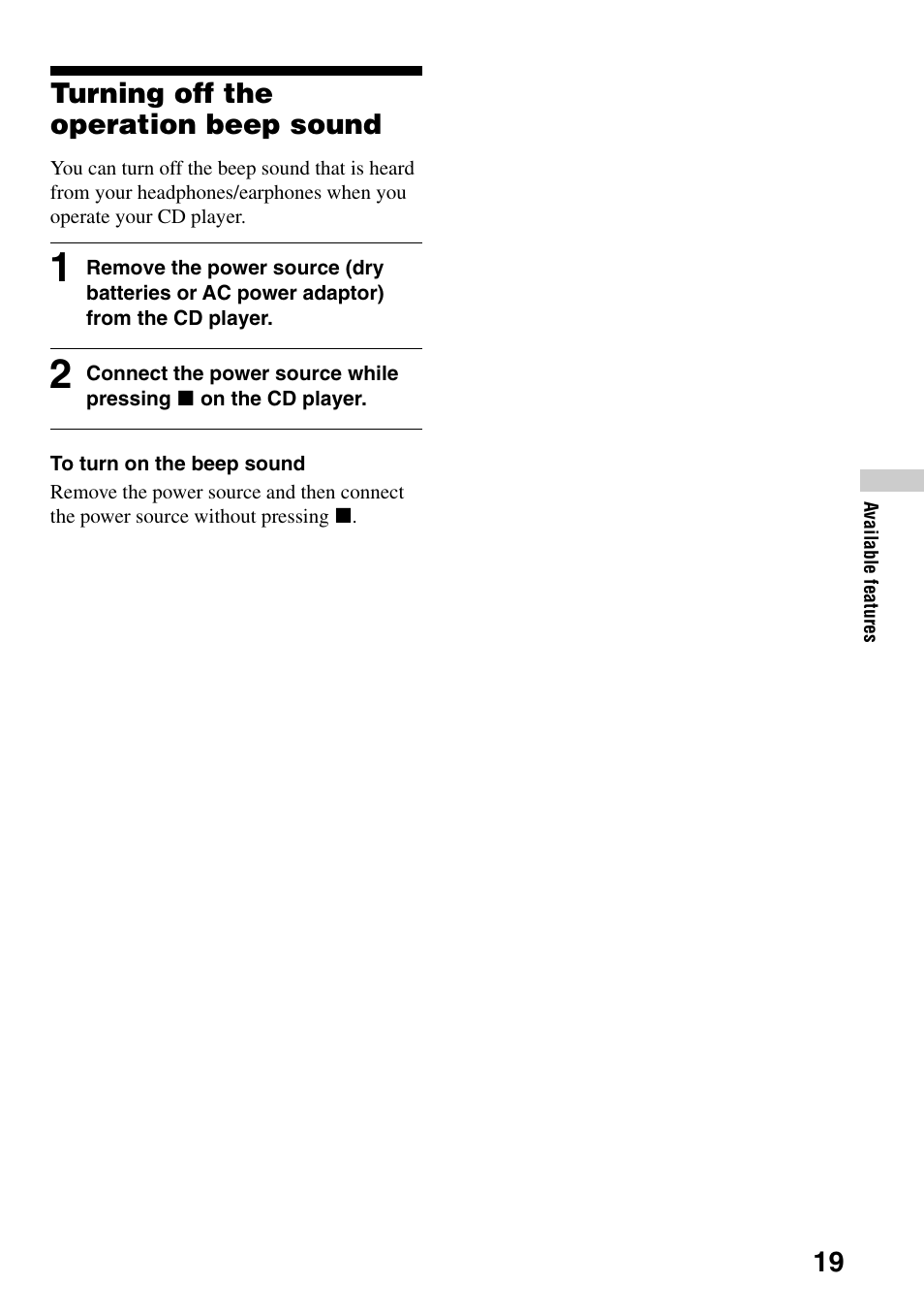 Turning off the operation beep sound | Sony D-CJ500 User Manual | Page 19 / 32