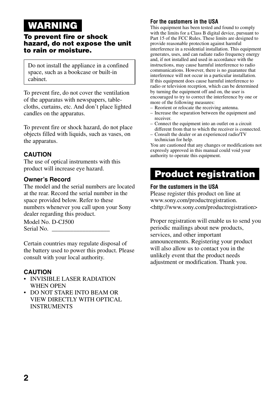 Warning, Product registration | Sony D-CJ500 User Manual | Page 2 / 32