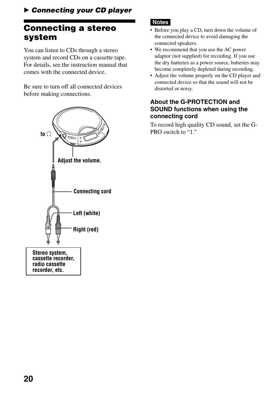 Connecting your cd player, Connecting a stereo system, 20 connecting a stereo system | Sony D-CJ500 User Manual | Page 20 / 32
