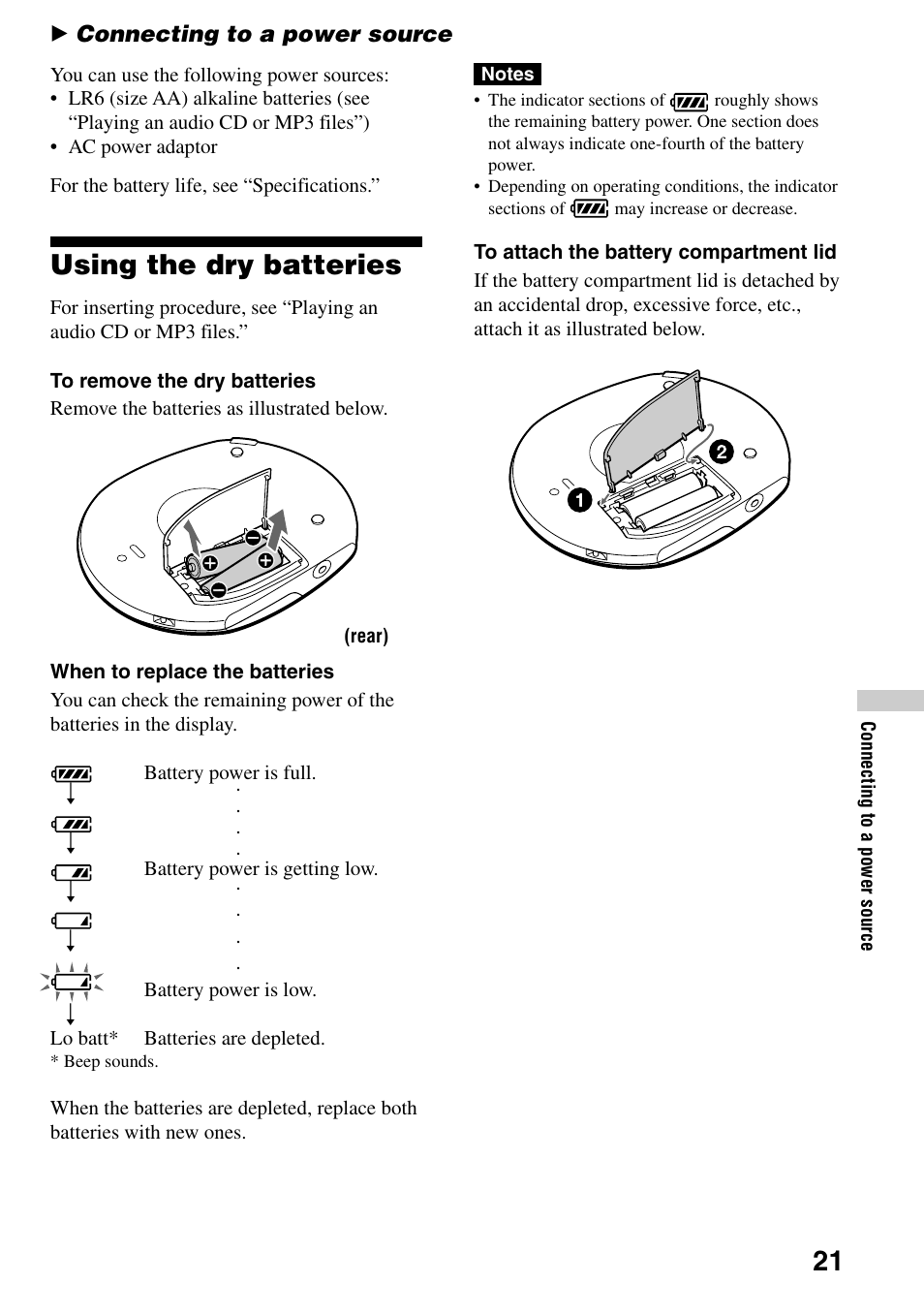 Connecting to a power source, Using the dry batteries | Sony D-CJ500 User Manual | Page 21 / 32