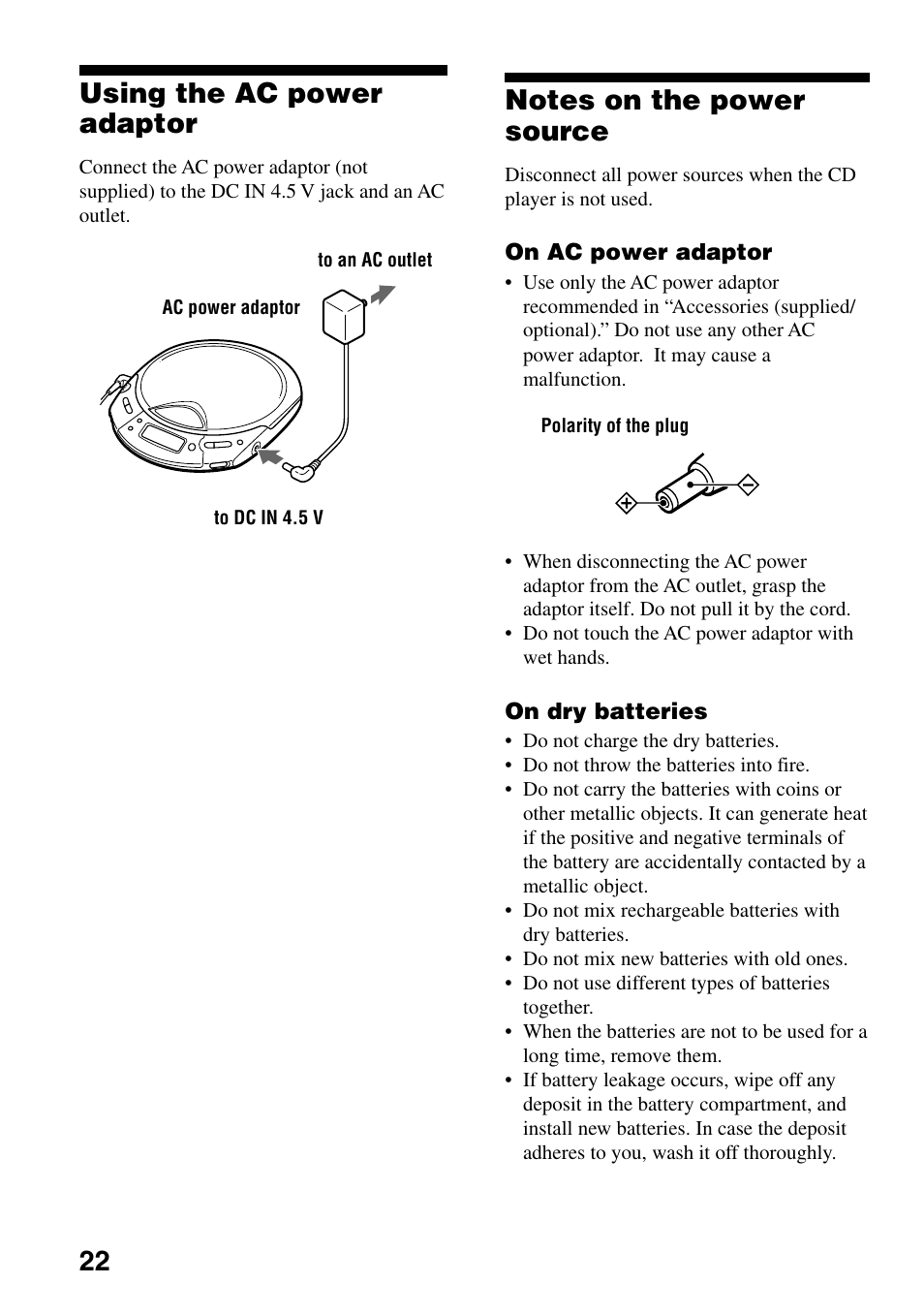 Using the ac power adaptor, Notes on the power source, 22 using the ac power adaptor | Sony D-CJ500 User Manual | Page 22 / 32