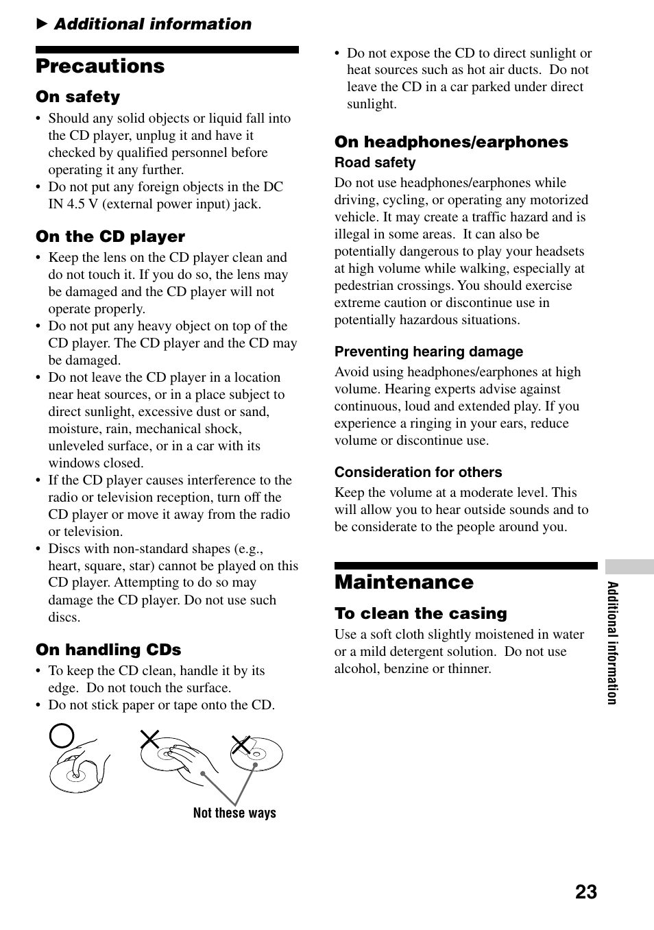 Additional information, Precautions, Maintenance | 23 precautions | Sony D-CJ500 User Manual | Page 23 / 32