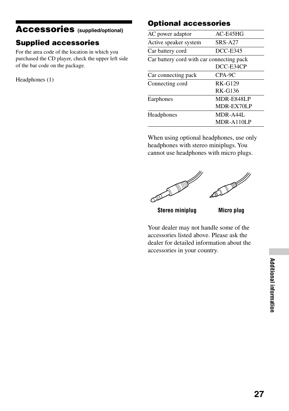 Accessories (supplied/optional), Accessories | Sony D-CJ500 User Manual | Page 27 / 32