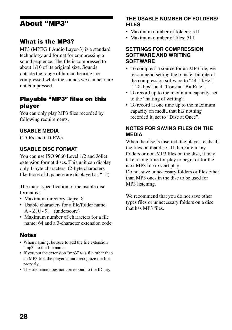 About “mp3, 28 about “mp3 | Sony D-CJ500 User Manual | Page 28 / 32