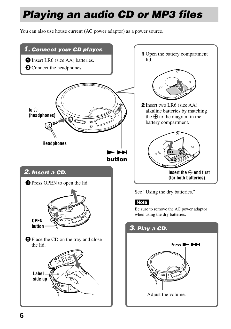 Playing an audio cd or mp3 files, Connect your cd player, Insert a cd | Play a cd, 1 . connect your cd player, 2 . insert a cd, 3 . play a cd | Sony D-CJ500 User Manual | Page 6 / 32