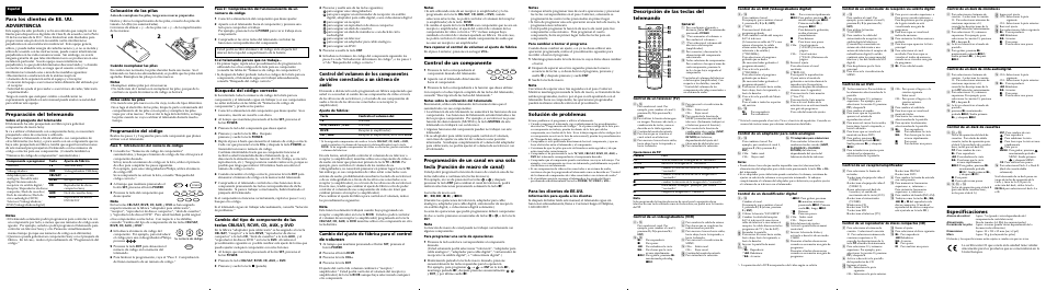 Control de un componente, Para los clientes de ee. uu. advertencia, Preparación del telemando | Solución de problemas, Especificaciones, Descripción de las teclas del telemando, Colocación de las pilas, Programación del código, Búsqueda del código correcto, Para los clientes de ee.uu | Sony RM-V402LIV User Manual | Page 2 / 2