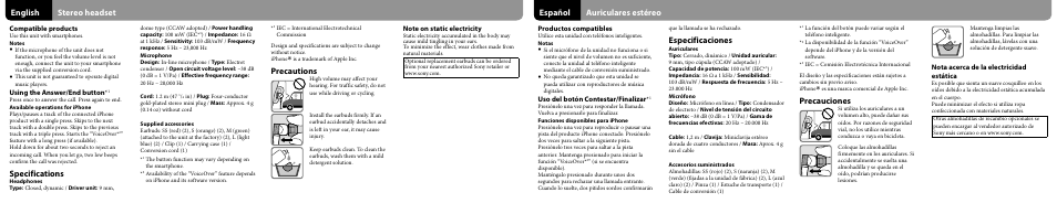 English stereo headset, Precautions, Specifications | Español auriculares estéreo, Especificaciones, Precauciones | Sony DR-XB23VP User Manual | Page 2 / 2