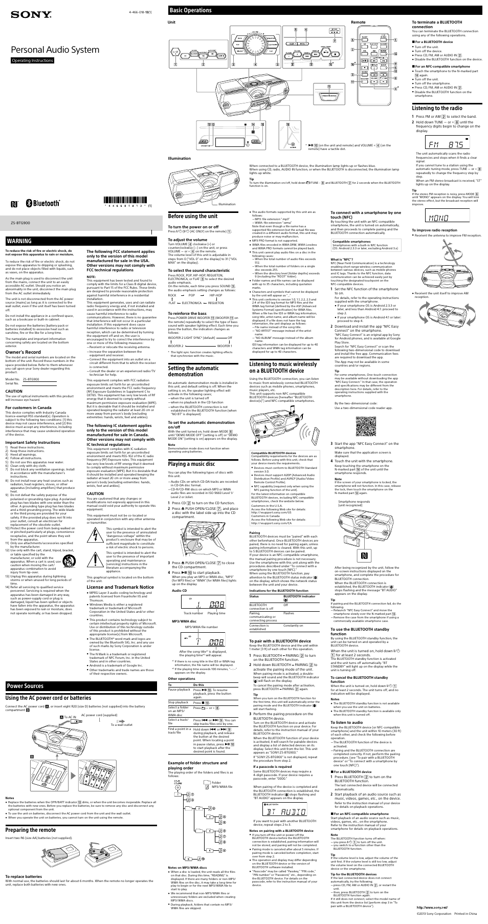 Sony ZS-BTG900 User Manual | 2 pages