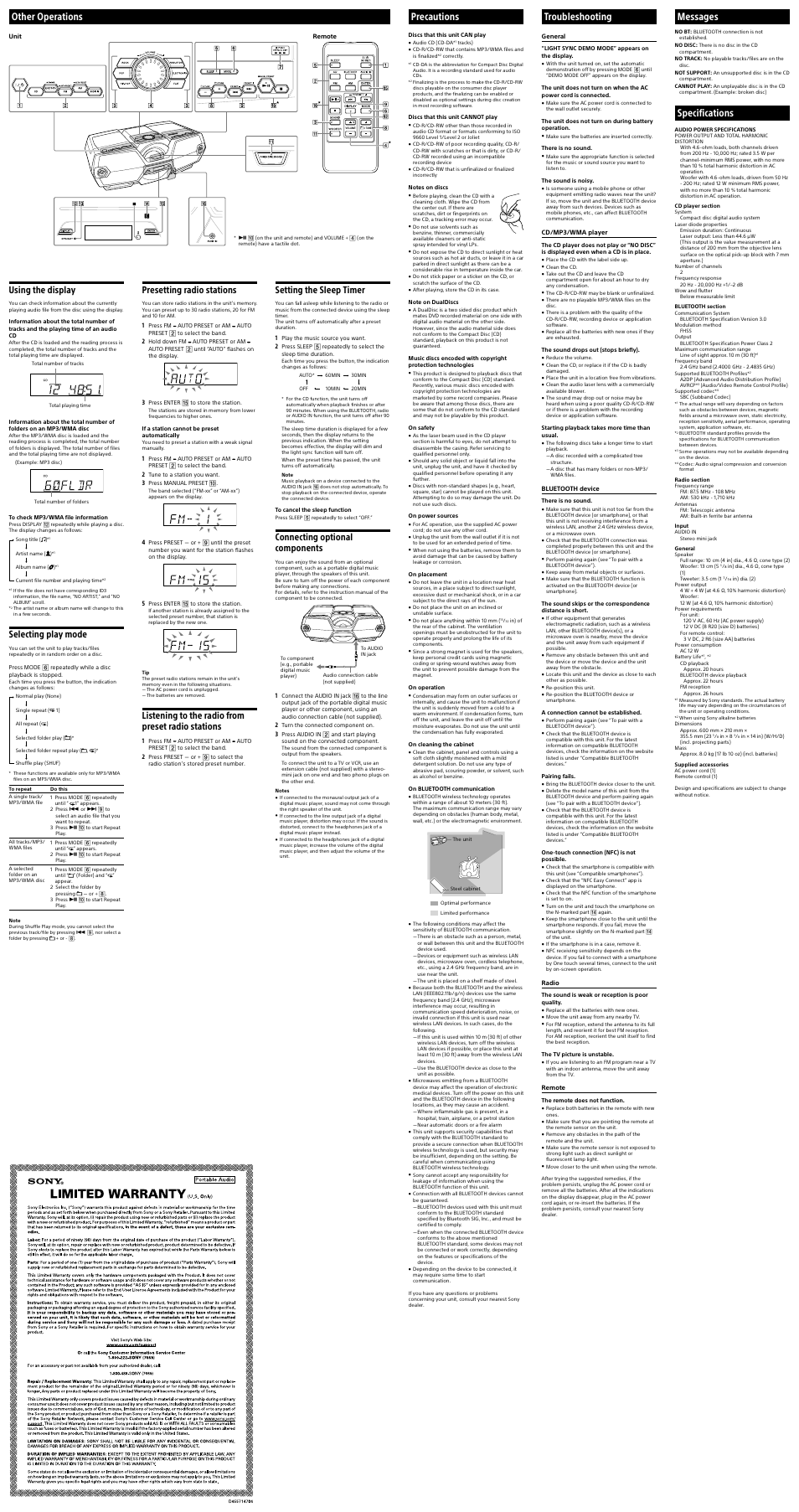 Other operations, Precautions, Troubleshooting | Messages, Specifications, Using the display, Selecting play mode, Presetting radio stations, Listening to the radio from preset radio stations, Setting the sleep timer | Sony ZS-BTG900 User Manual | Page 2 / 2