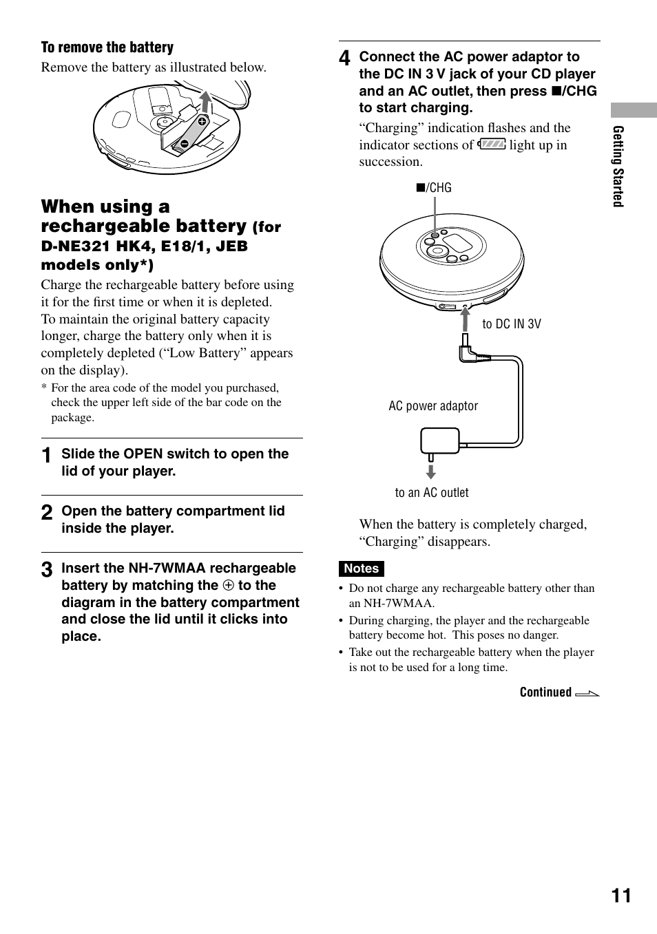 When using a rechargeable battery, For d-ne321 hk4, e18/1, jeb, Models only*) | Sony D-NE319 User Manual | Page 11 / 35