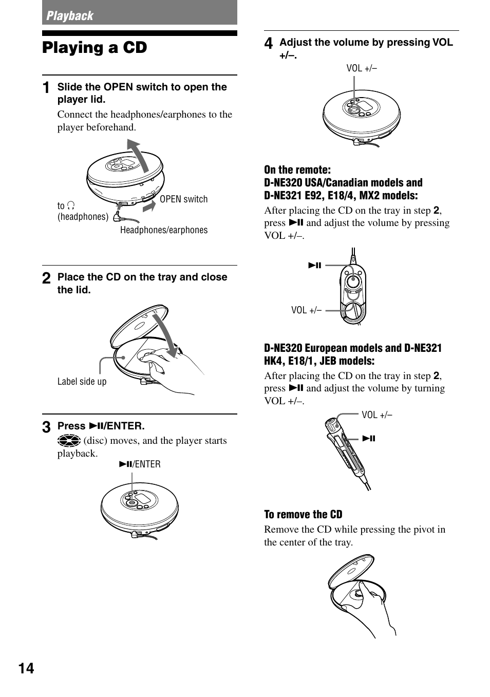 Playback, Playing a cd, Playing a cd 1 | Sony D-NE319 User Manual | Page 14 / 35