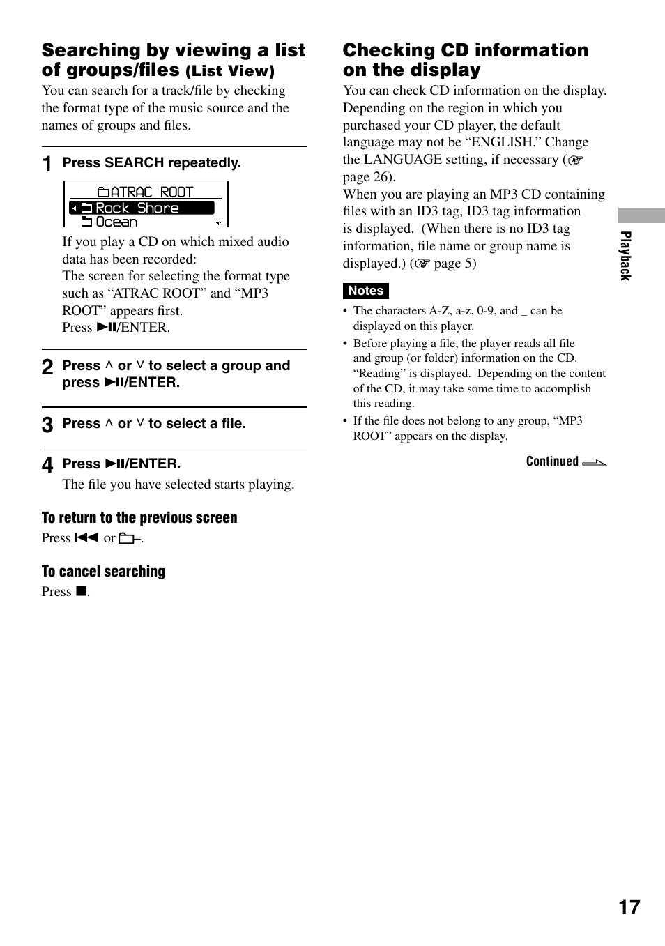 Checking cd information on the display, Searching by viewing a list of, Groups/ﬁles (list view) | Checking cd information on the, Display, Searching by viewing a list of groups/ﬁles | Sony D-NE319 User Manual | Page 17 / 35