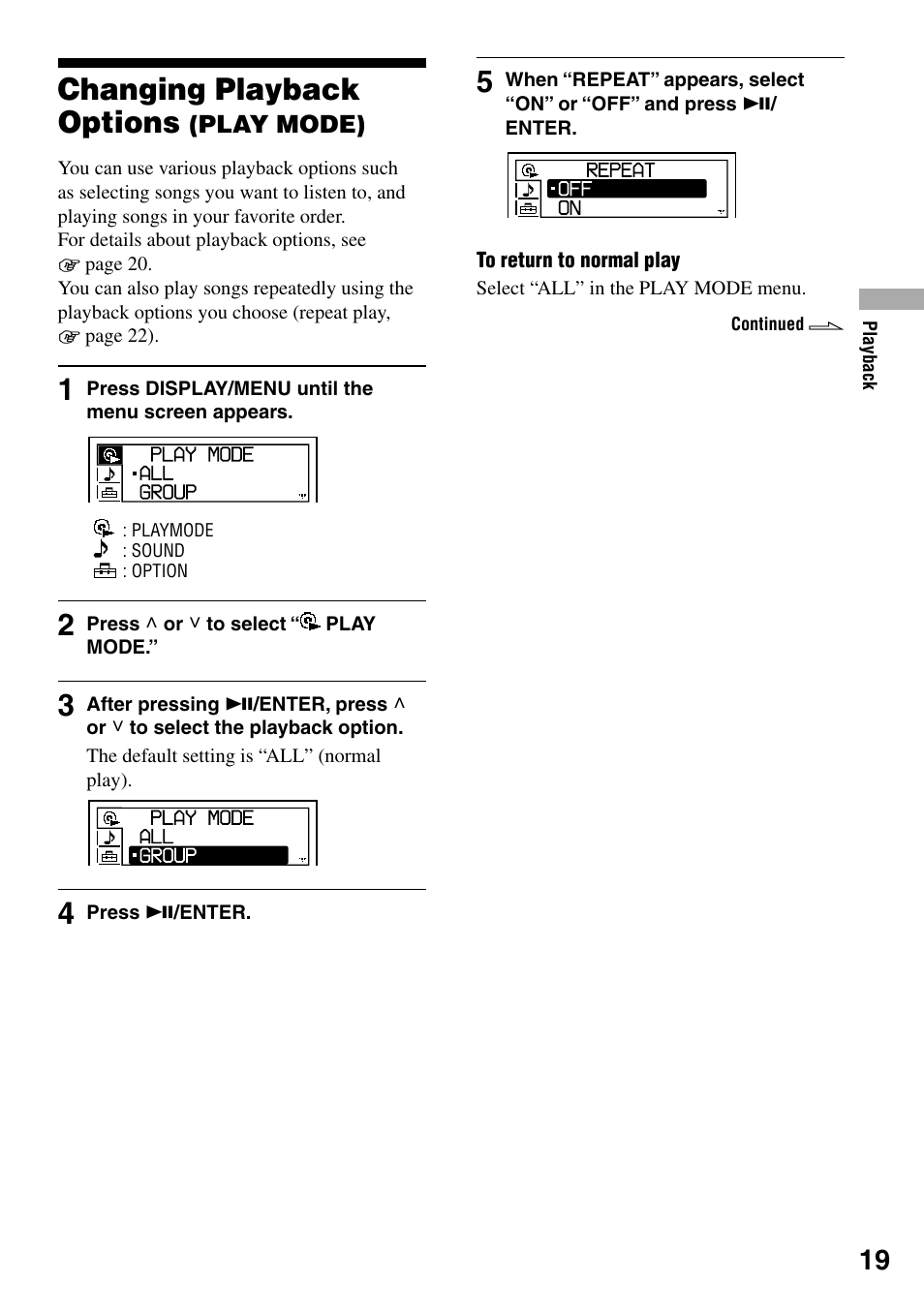 Changing playback options (play mode), Changing playback options, Play mode) | Sony D-NE319 User Manual | Page 19 / 35