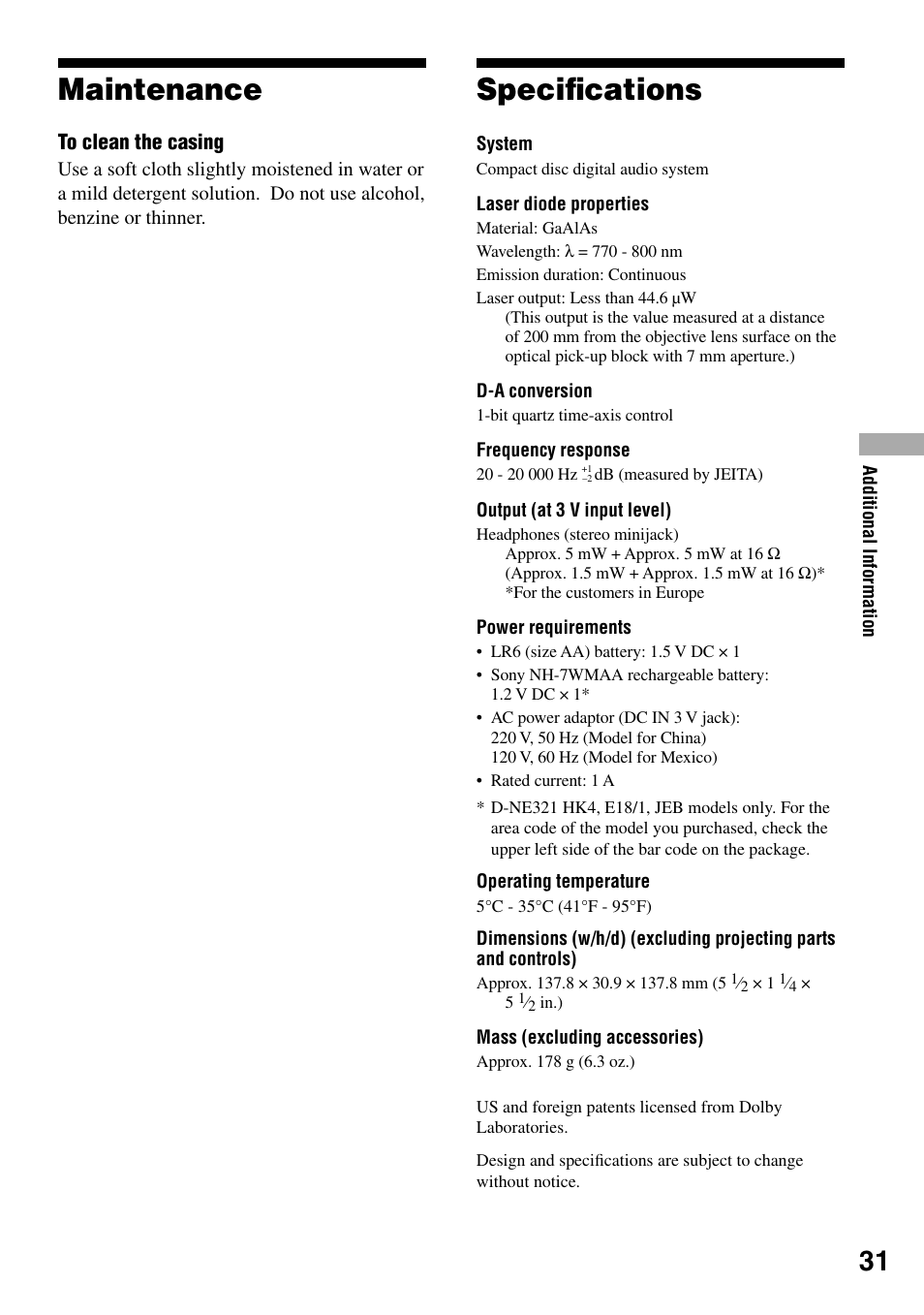 Maintenance, Specifications, Maintenance speciﬁcations | Speciﬁcations | Sony D-NE319 User Manual | Page 31 / 35