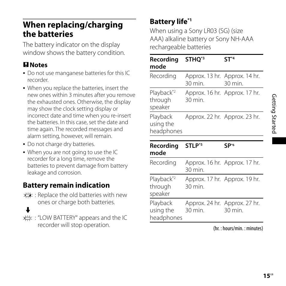 When replacing/charging the batteries, When replacing/charging the, Batteries | Battery remain indication, Battery life | Sony ICD-SX68DR9 User Manual | Page 15 / 88