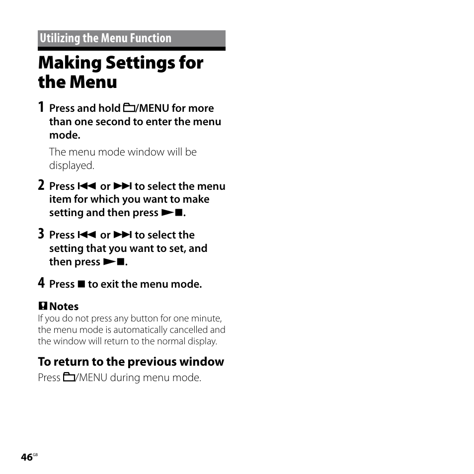 Utilizing the menu function, Making settings for the menu | Sony ICD-SX68DR9 User Manual | Page 46 / 88