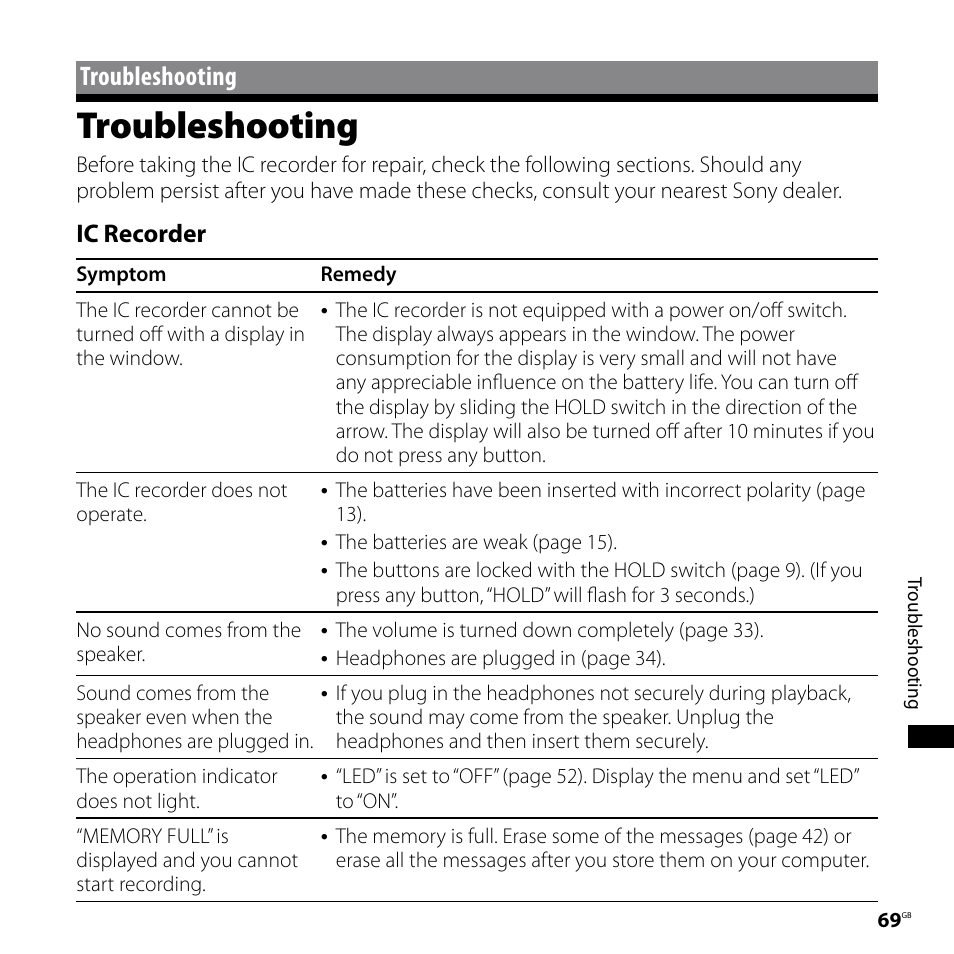 Troubleshooting, Ic recorder | Sony ICD-SX68DR9 User Manual | Page 69 / 88