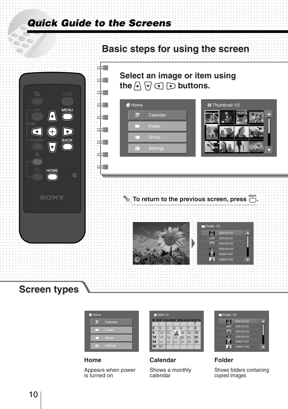 Quick guide to the screens, Screen types, Basic steps for using the screen | Select an image or item using the buttons, Home, Folder, Calendar, Appears when power is turned on, Shows folders containing copied images, Shows a monthly calendar | Sony HDPS-L1 User Manual | Page 10 / 68