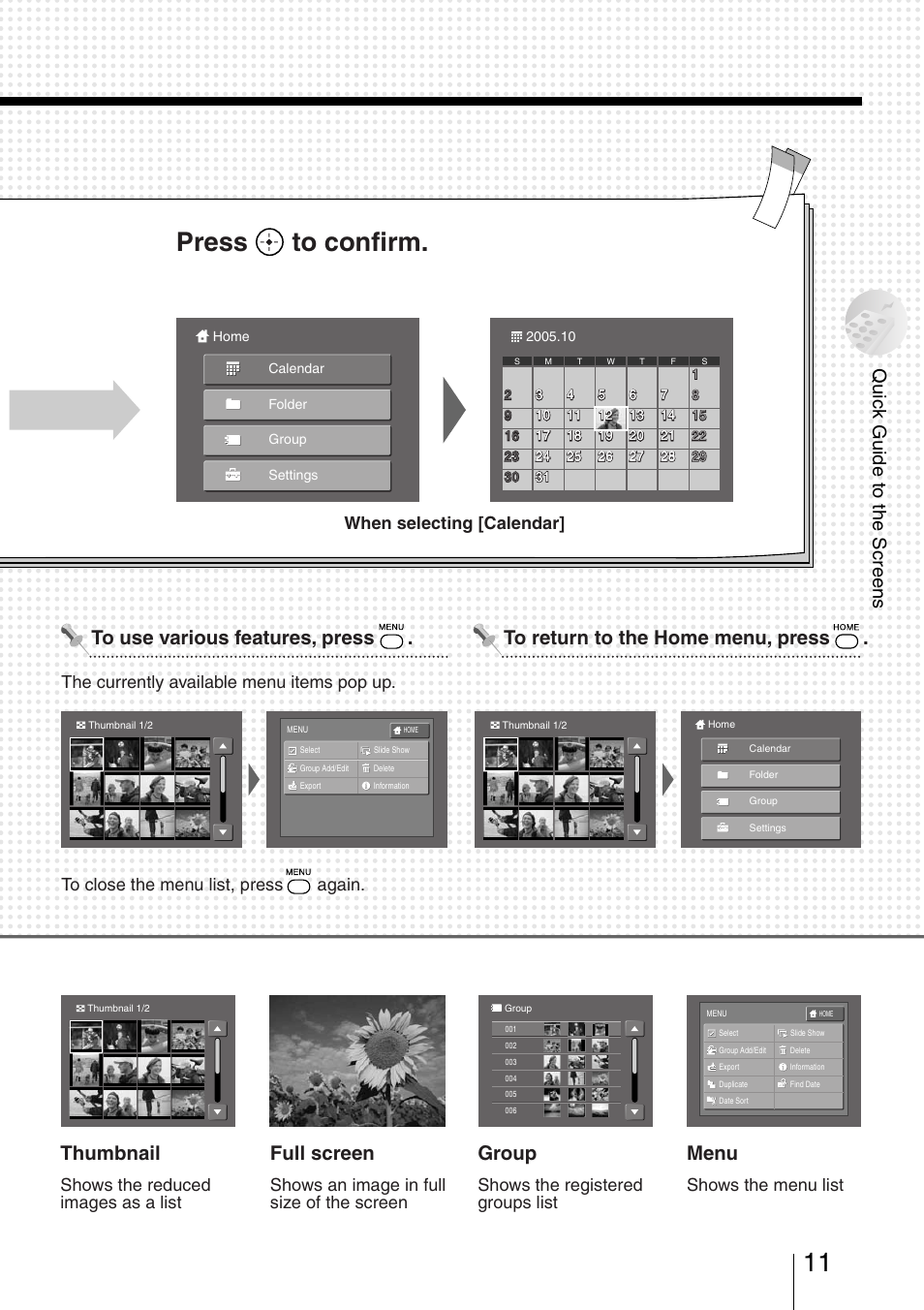 11 press to confirm, Full screen, Thumbnail | Group, Quick guide to the screens, When selecting [calendar, Shows the menu list, Shows an image in full size of the screen, Shows the reduced images as a list, Shows the registered groups list | Sony HDPS-L1 User Manual | Page 11 / 68