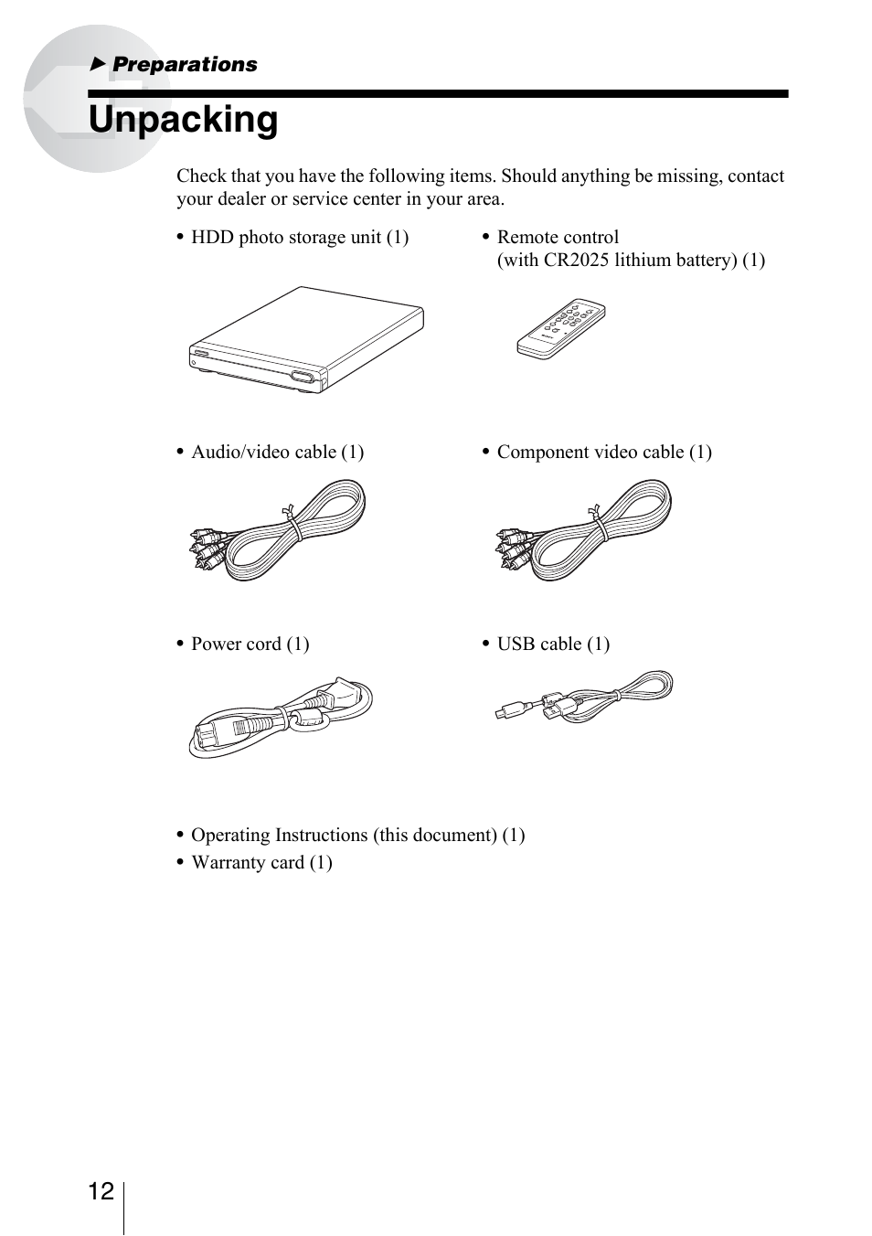 Preparations, Unpacking | Sony HDPS-L1 User Manual | Page 12 / 68