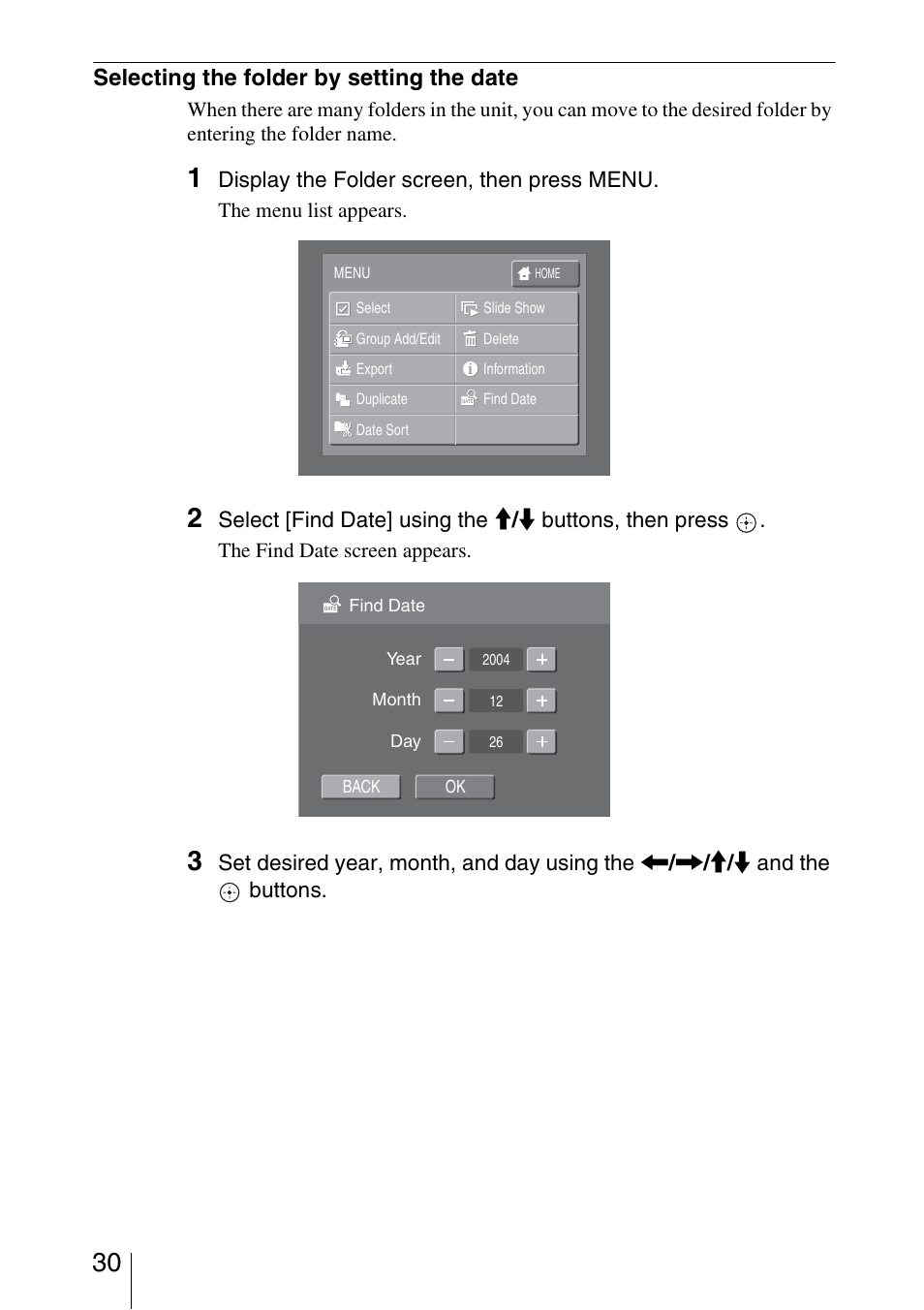 Selecting the folder by setting the date | Sony HDPS-L1 User Manual | Page 30 / 68