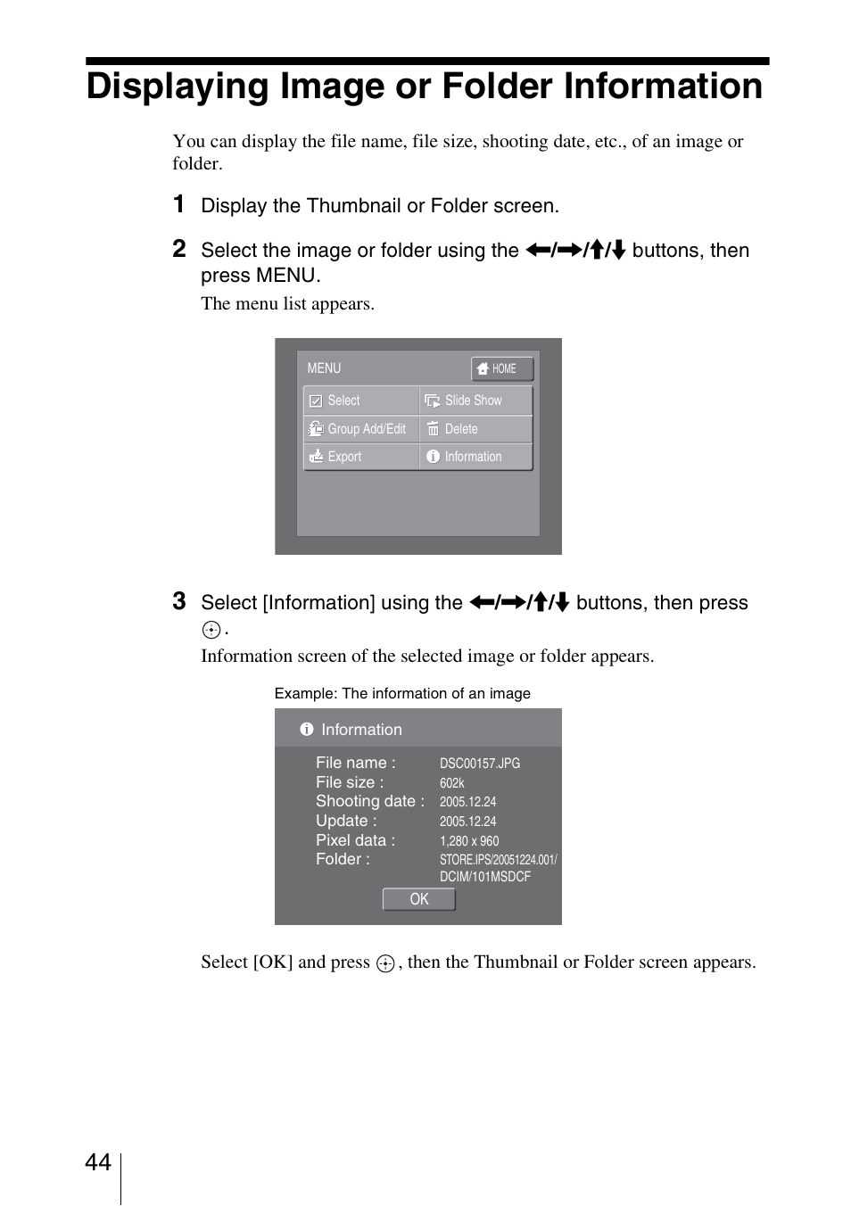 Displaying image or folder information | Sony HDPS-L1 User Manual | Page 44 / 68