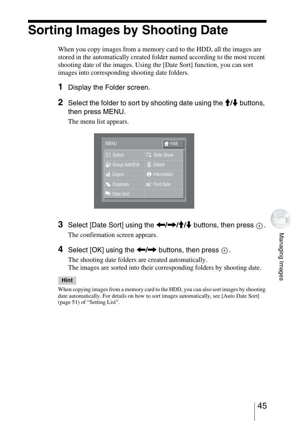 Sorting images by shooting date | Sony HDPS-L1 User Manual | Page 45 / 68