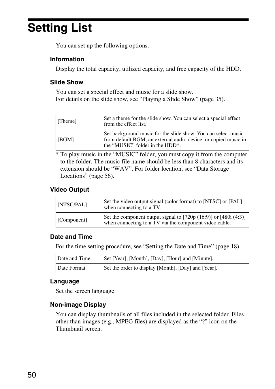 Setting list | Sony HDPS-L1 User Manual | Page 50 / 68