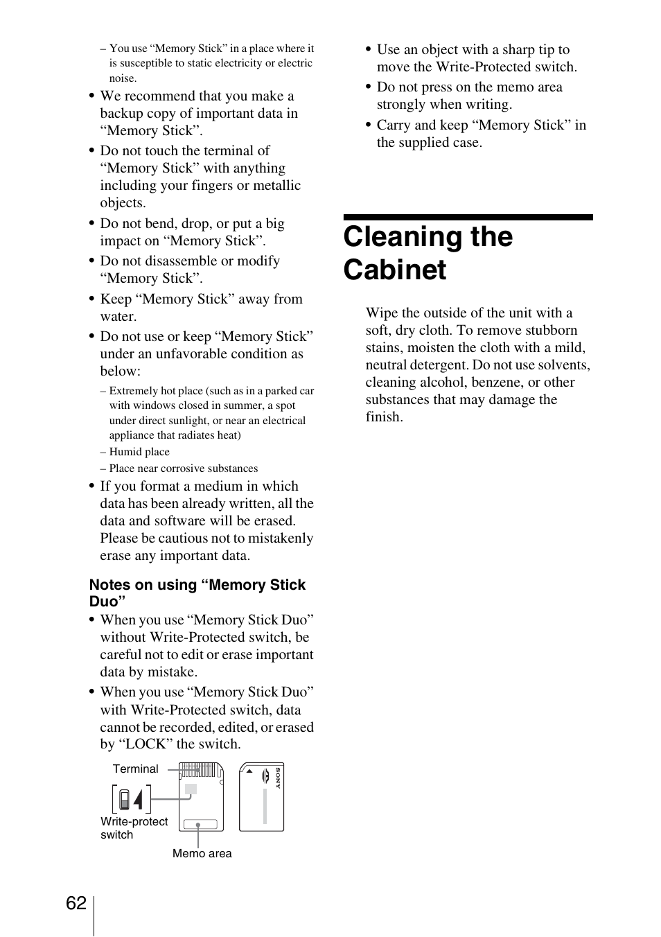 Cleaning the cabinet | Sony HDPS-L1 User Manual | Page 62 / 68