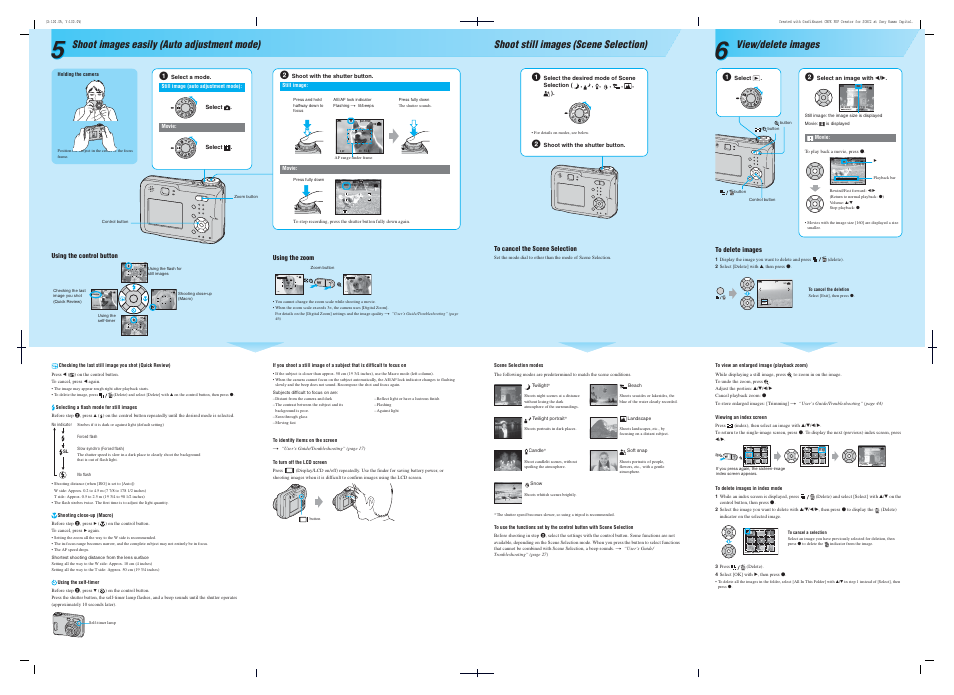 8/8 vga return vga 96 s af, Std 6 4 0, Back/next | Volume vga, Std 6 4 0 stop rev/cue volume, Back/next vga, Shoot images easily (auto adjustment mode), Shoot still images (scene selection), View/delete images | Sony DSC-S90 User Manual | Page 2 / 2