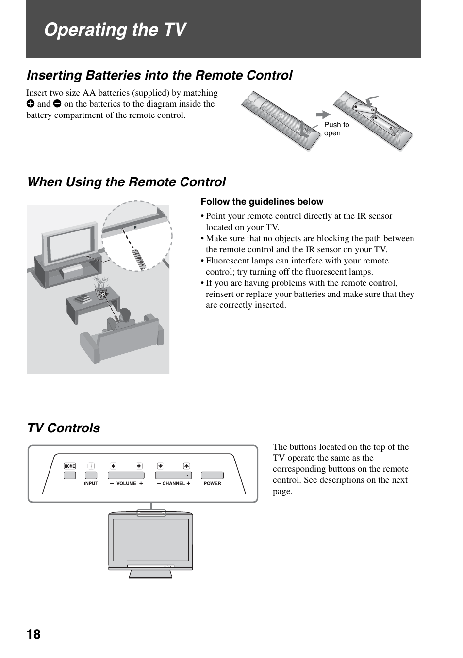 Operating the tv, Inserting batteries into the remote control, When using the remote control | Tv controls, Inserting batteries into the remote, Control, When using the remote control tv controls | Sony KDL-52WL140 User Manual | Page 18 / 48