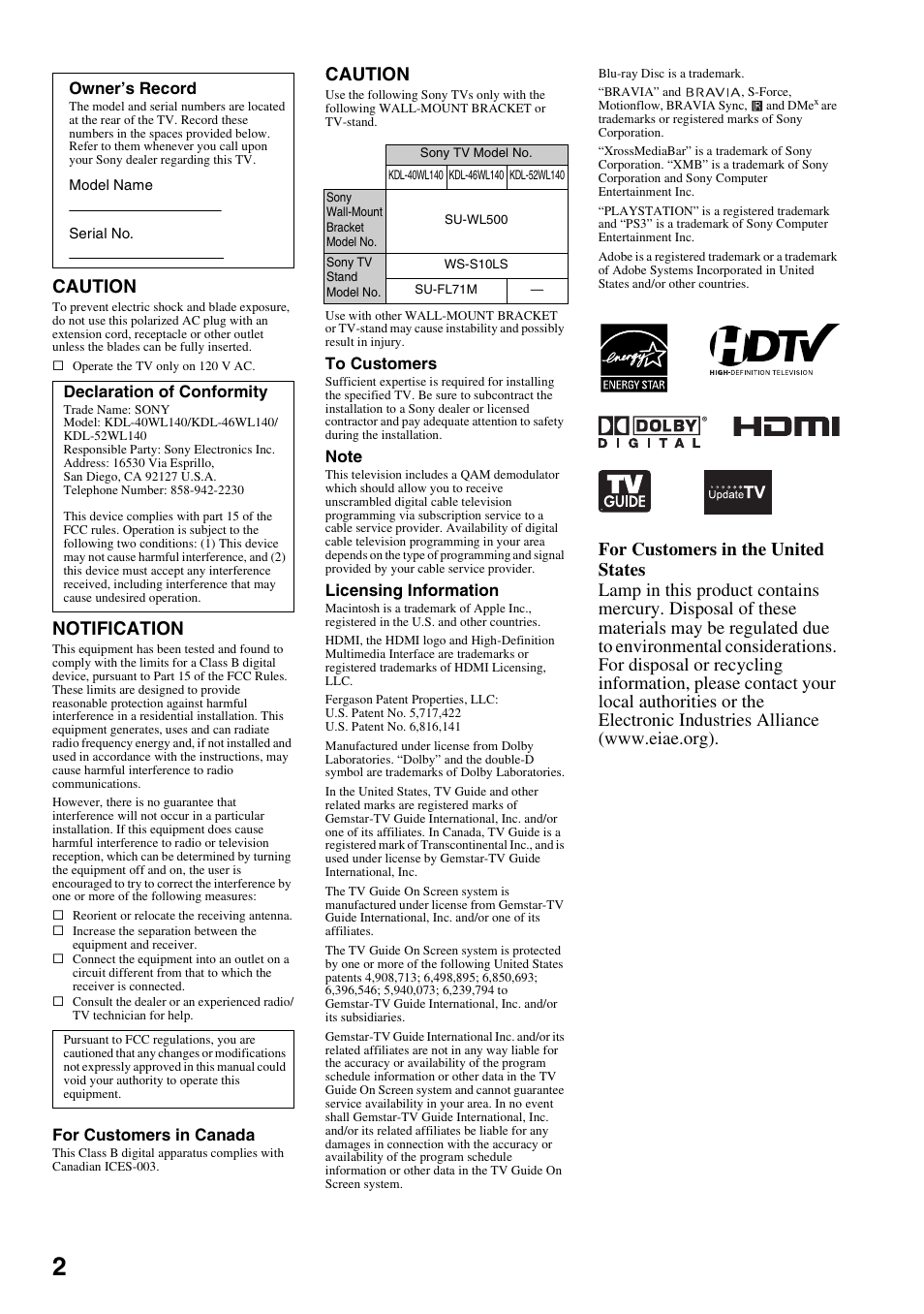Caution, Notification | Sony KDL-52WL140 User Manual | Page 2 / 48