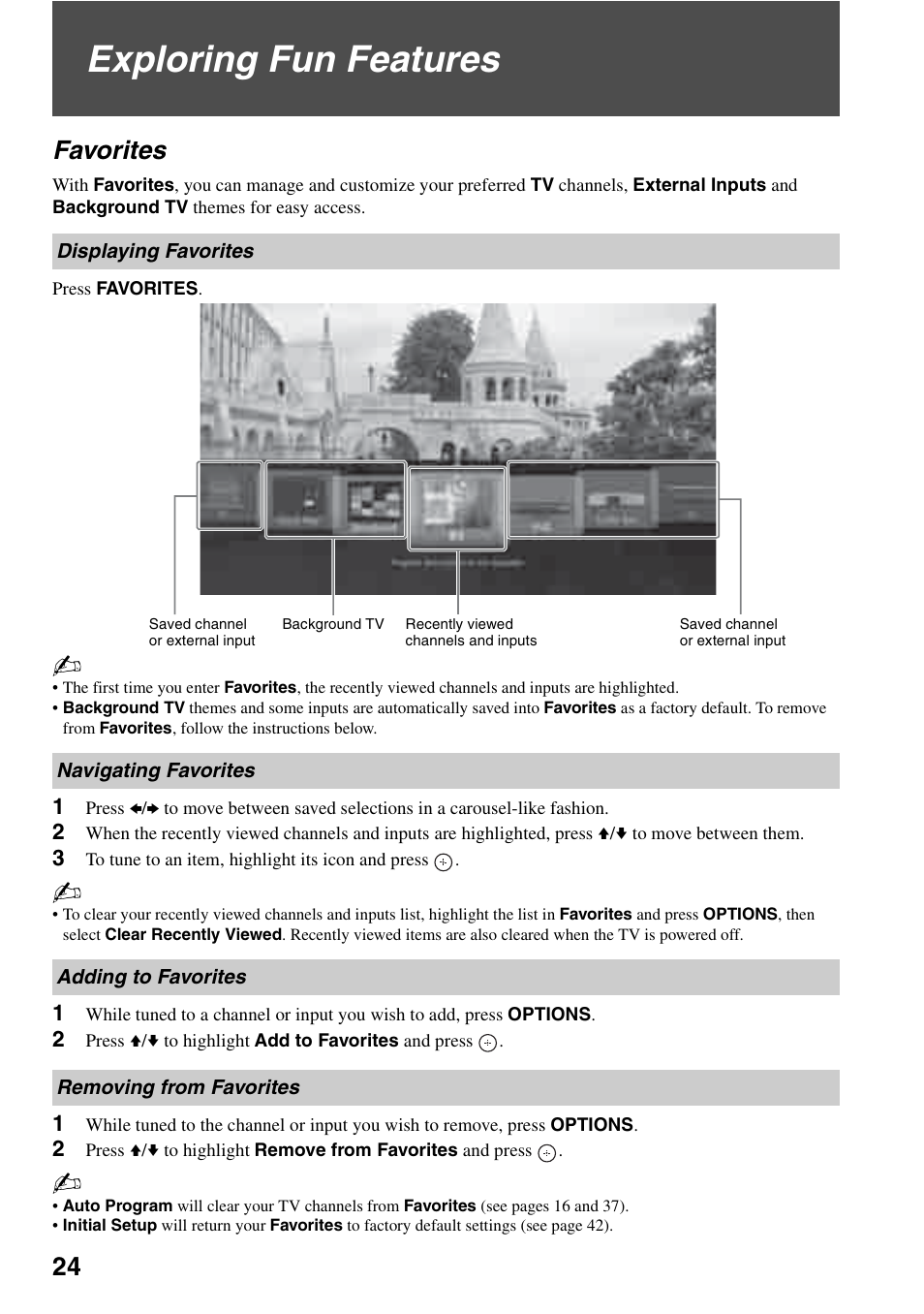 Exploring fun features, Favorites, Displaying favorites | Navigating favorites, Adding to favorites, Removing from favorites, Ge 24 f | Sony KDL-52WL140 User Manual | Page 24 / 48