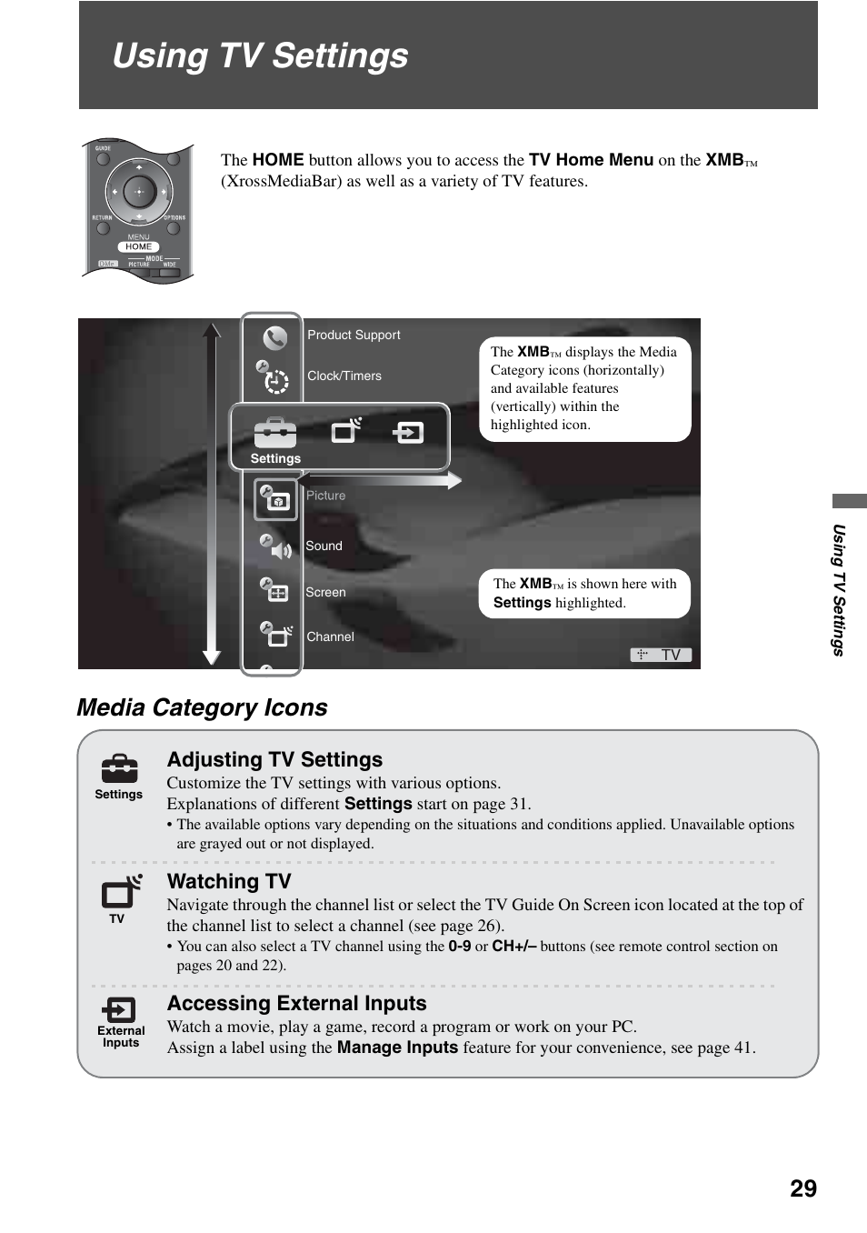 Using tv settings, Media category icons, And 29 | Adjusting tv settings, Watching tv, Accessing external inputs | Sony KDL-52WL140 User Manual | Page 29 / 48