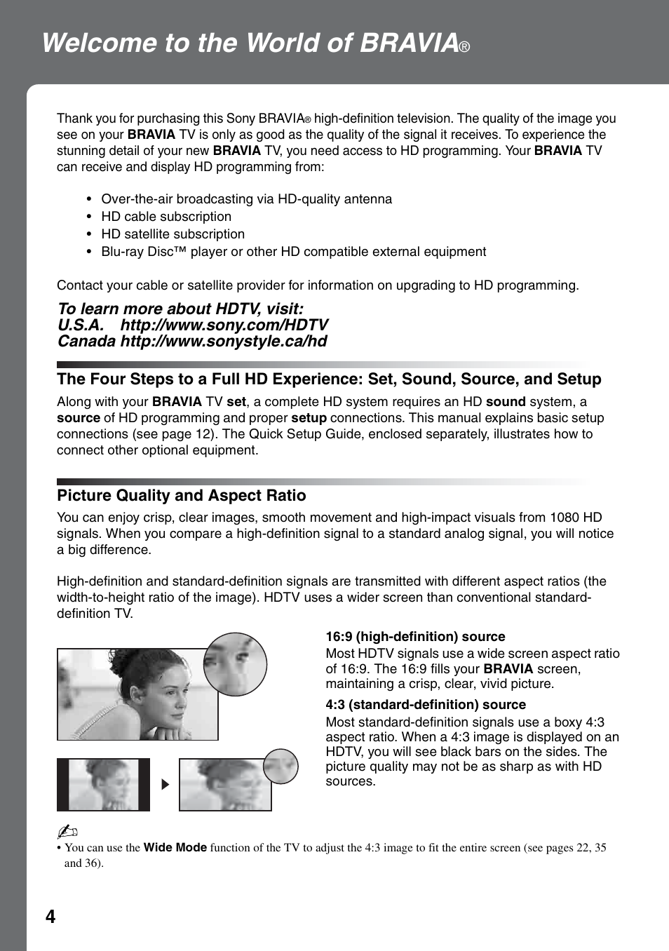 Welcome to the world of bravia, Picture quality and aspect ratio, The four steps to a full hd experience | Set, sound, source, and setup | Sony KDL-52WL140 User Manual | Page 4 / 48