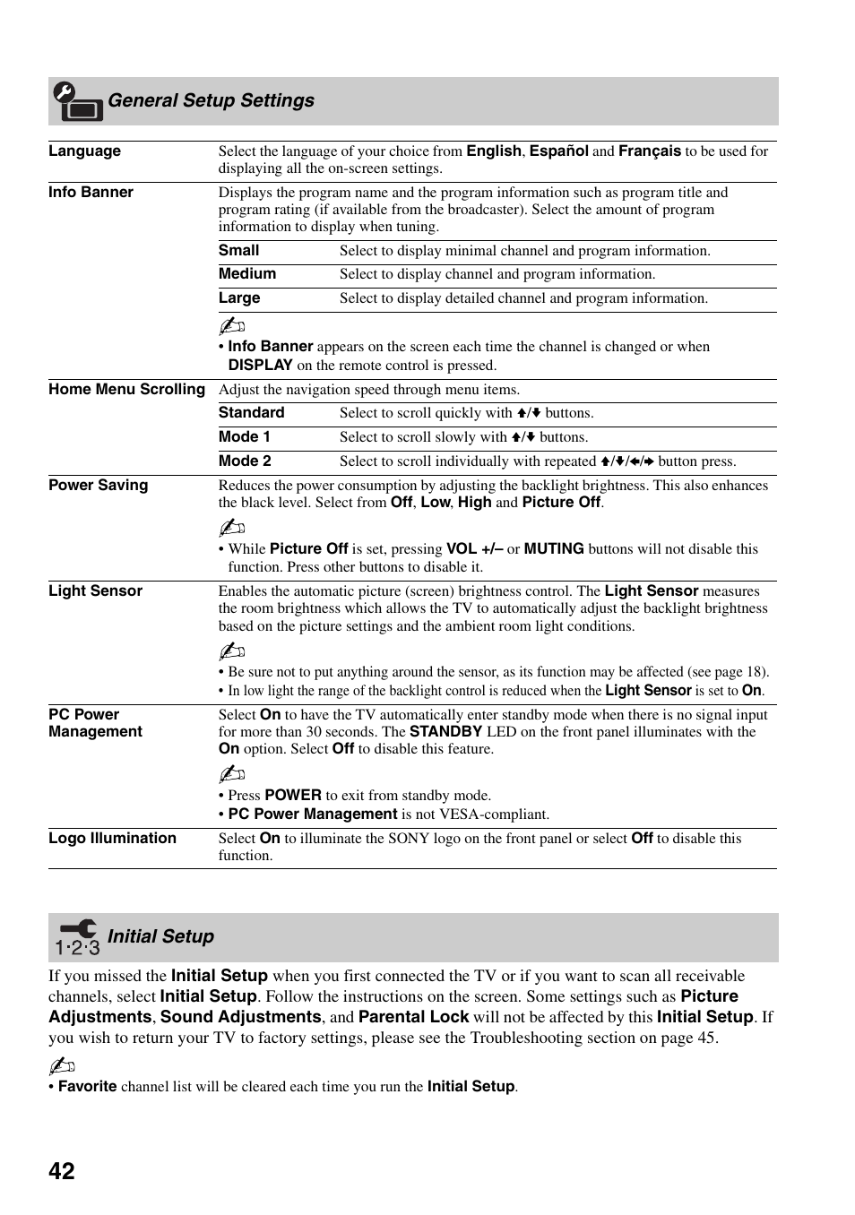 General setup settings, Initial setup, General setup settings initial setup | Sony KDL-52WL140 User Manual | Page 42 / 48