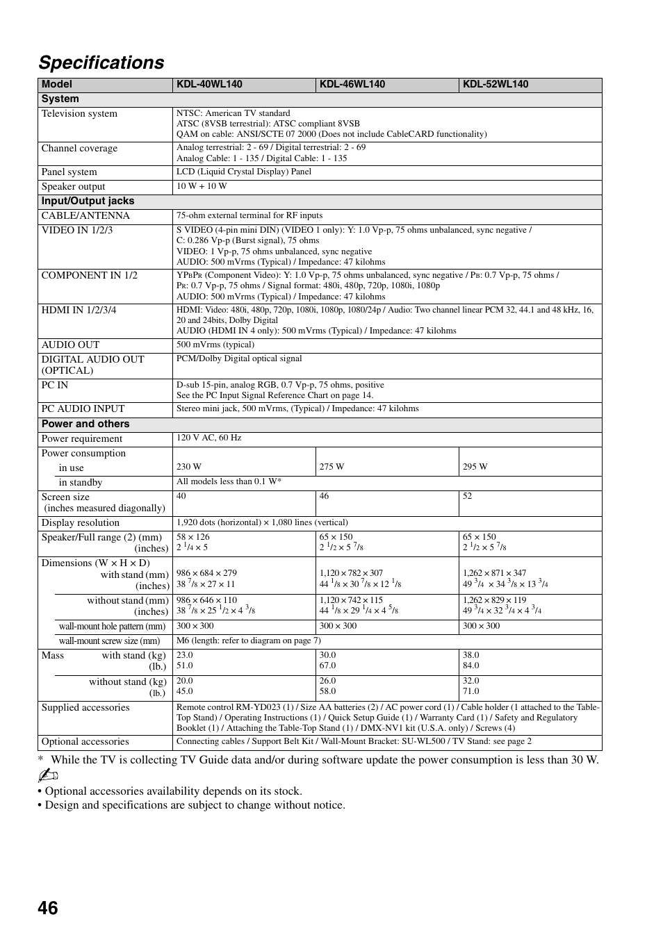 Specifications, 46 specifications | Sony KDL-52WL140 User Manual | Page 46 / 48