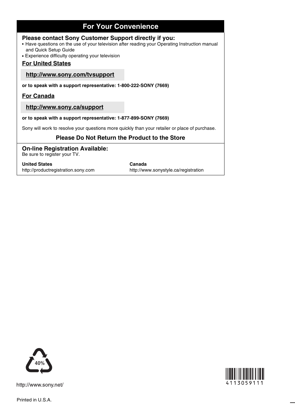 For your convenience | Sony KDL-52WL140 User Manual | Page 48 / 48