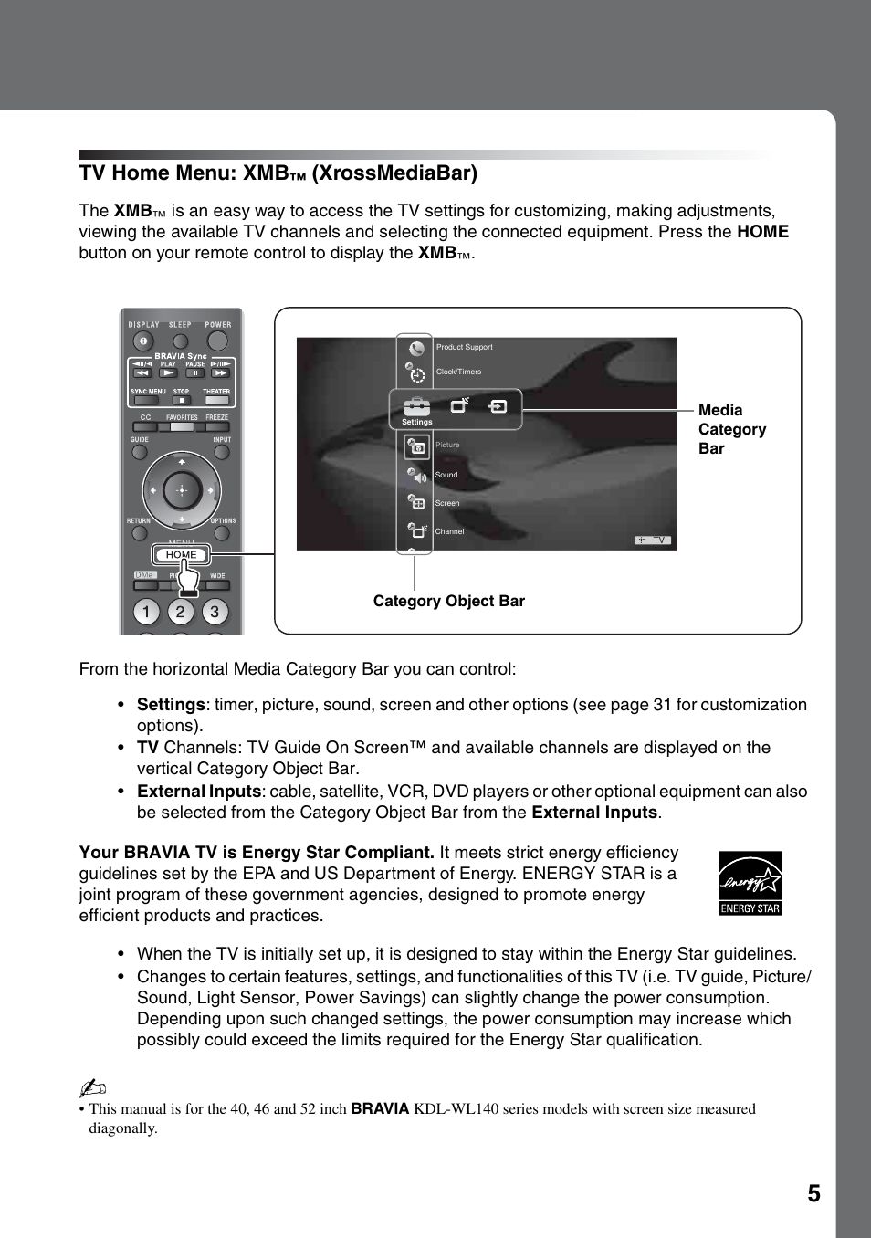 Tv home menu: xmb™ (xrossmediabar), Tv home menu: xmb, Xrossmediabar) | Sony KDL-52WL140 User Manual | Page 5 / 48