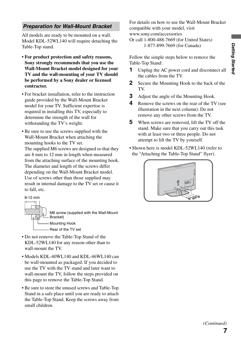 Preparation for wall-mount bracket | Sony KDL-52WL140 User Manual | Page 7 / 48