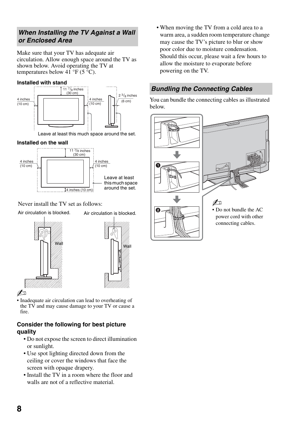 Bundling the connecting cables, When installing the tv against a wall or, Enclosed area | Never install the tv set as follows | Sony KDL-52WL140 User Manual | Page 8 / 48