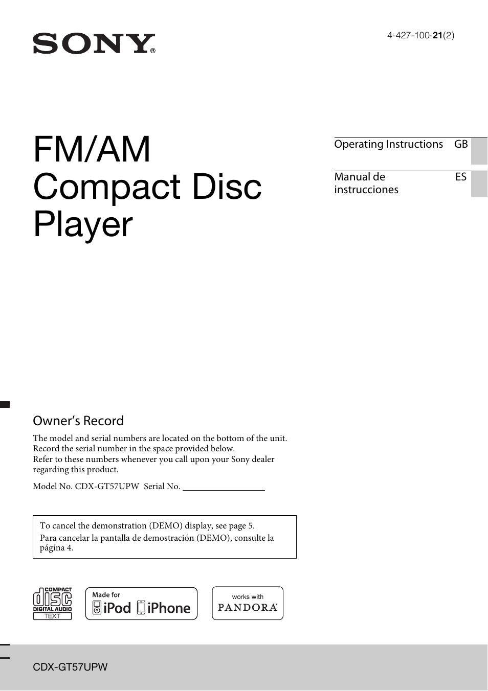 Sony CDX-GT57UPW User Manual | 64 pages