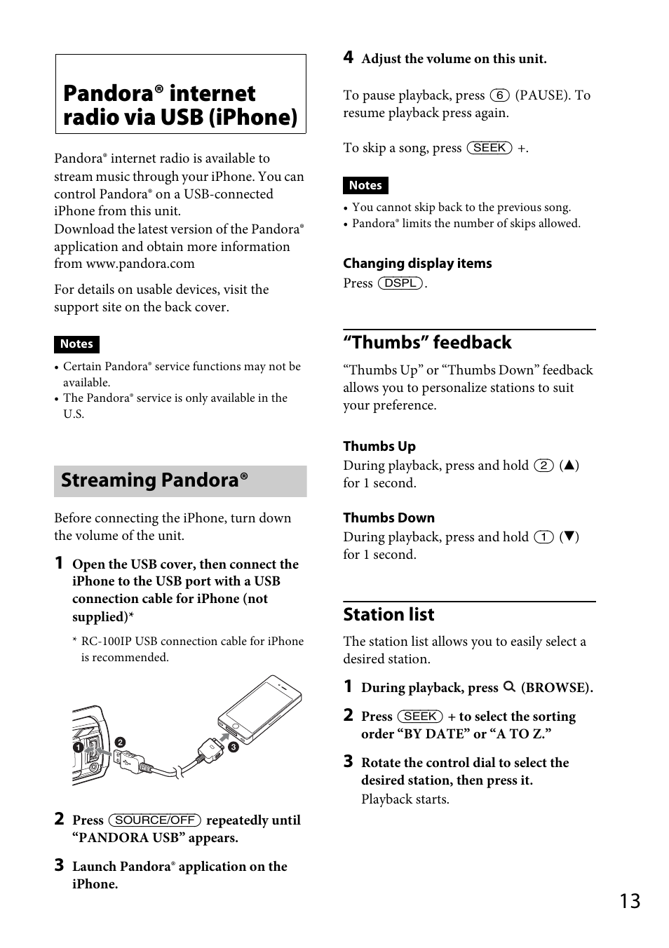 Pandora® internet radio via usb (iphone), Streaming pandora, Thumbs” feedback | Station list | Sony CDX-GT57UPW User Manual | Page 13 / 64