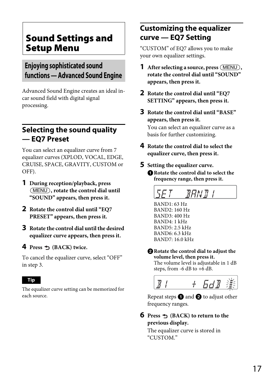 Sound settings and setup menu, Selecting the sound quality — eq7 preset, Customizing the equalizer curve — eq7 setting | Sony CDX-GT57UPW User Manual | Page 17 / 64