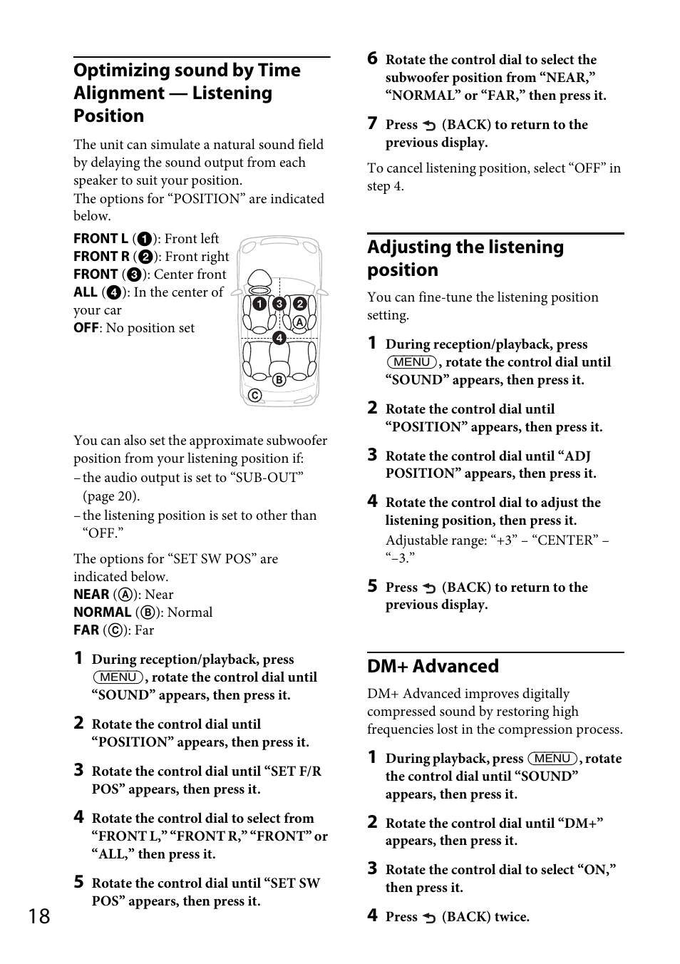 Adjusting the listening position, Dm+ advanced | Sony CDX-GT57UPW User Manual | Page 18 / 64